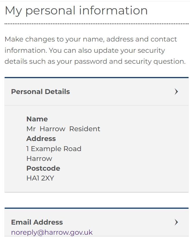 Screenshot of the personal information screen on MyHarrow Account