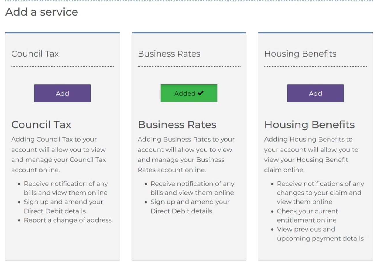 Add a service screen with Business Rates option selected