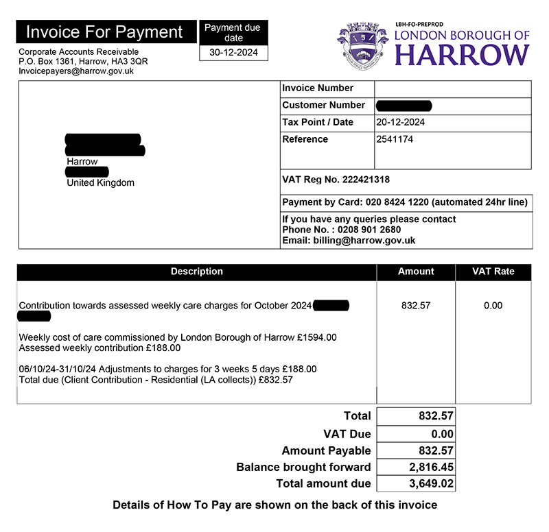 Adult social care example invoice