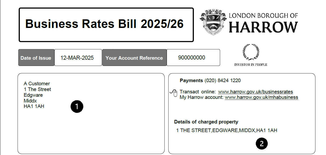 Example of the top section of a business rates bill