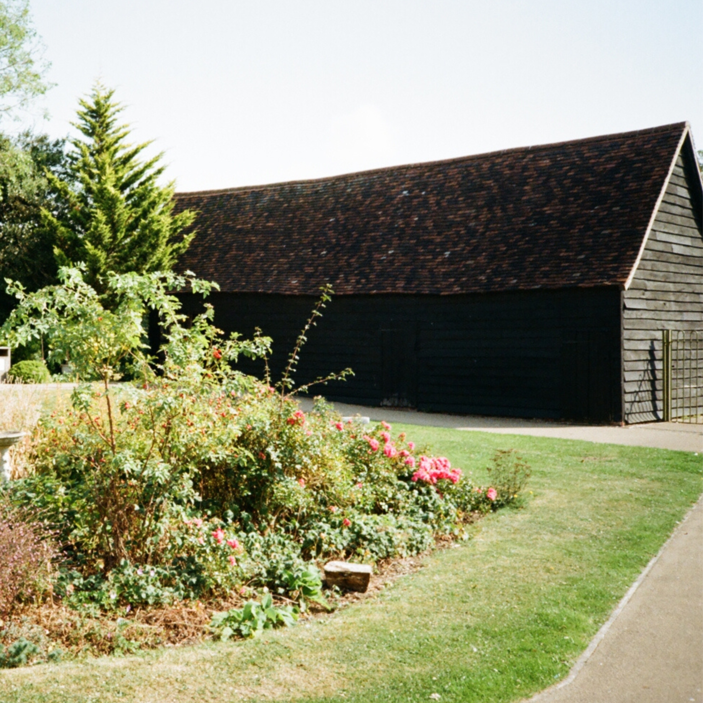 35mm film photograph of the small barn at Headstone Manor and Museum during summer.