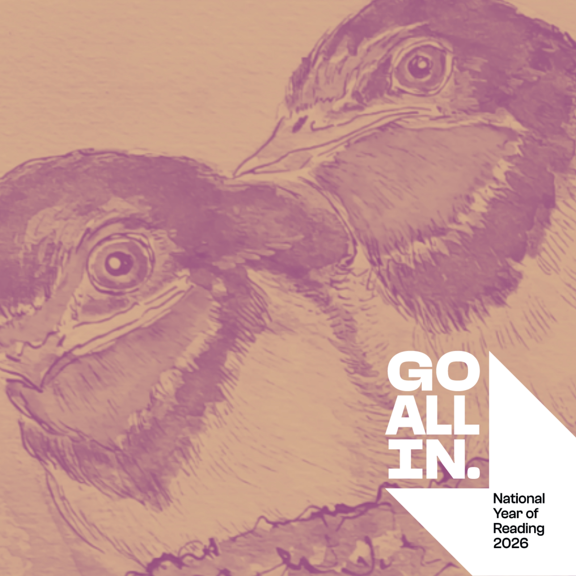 duotone image of an illustration of birds with the 'National Year of Reading' logo.