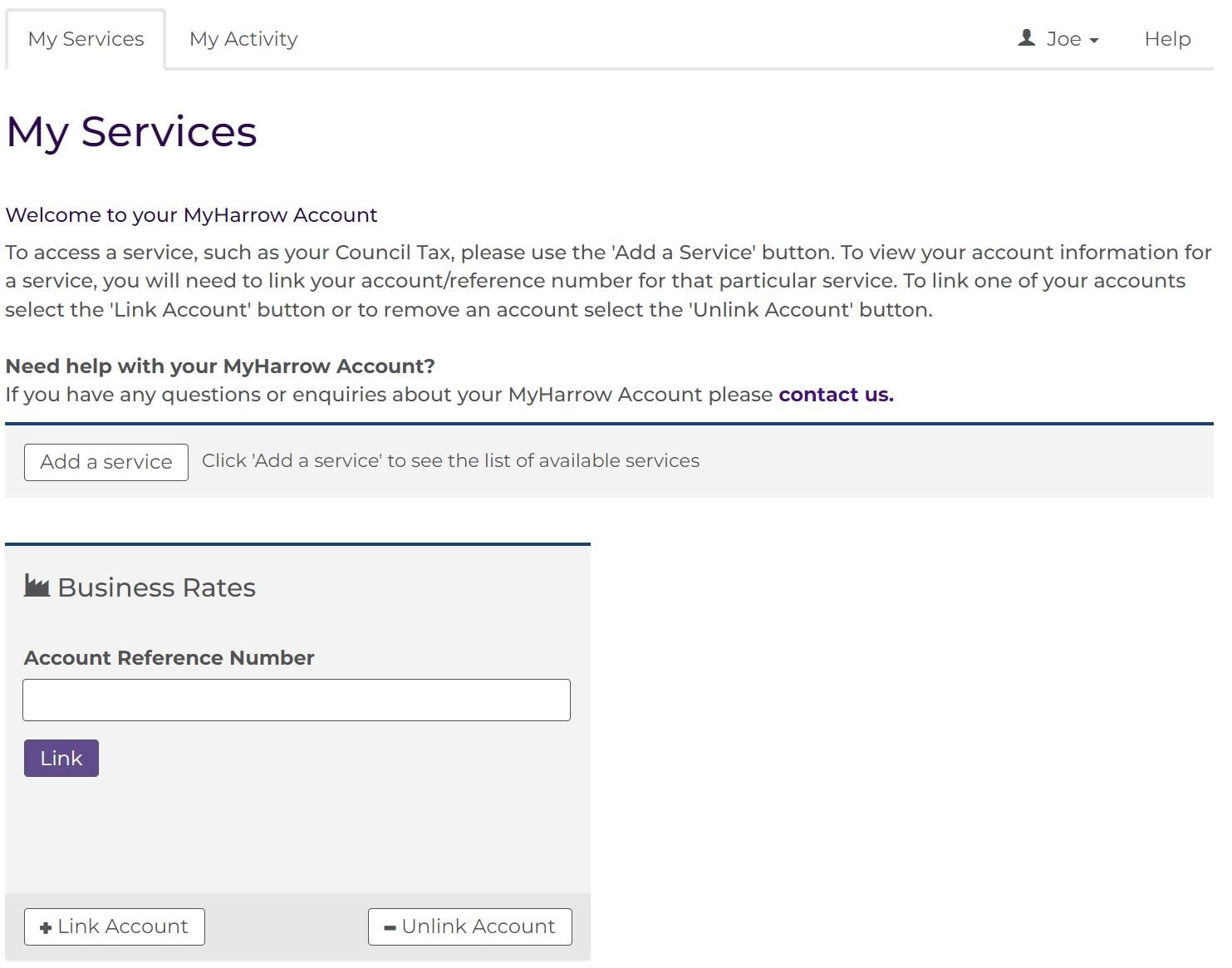 Screenshot of the MyServices Screen you will see when you first log in to your account
