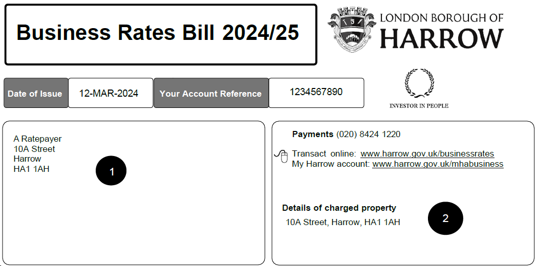 Example of the top section of a business rates bill