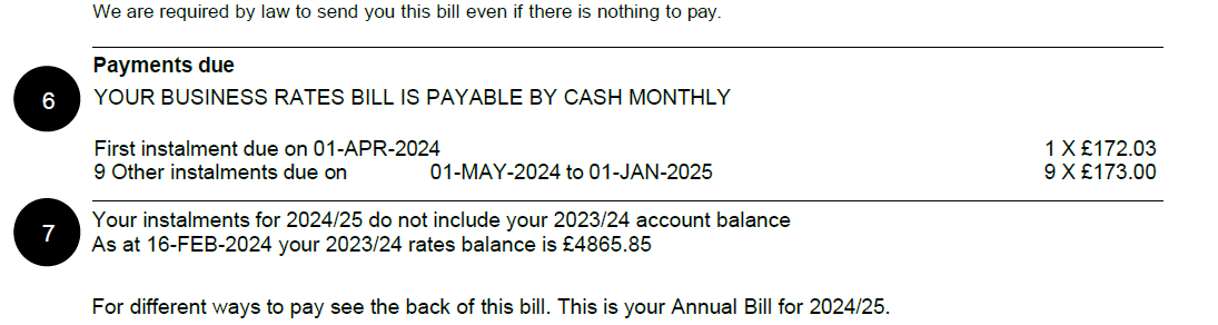 Sample of the lower middle section of a business rates bill