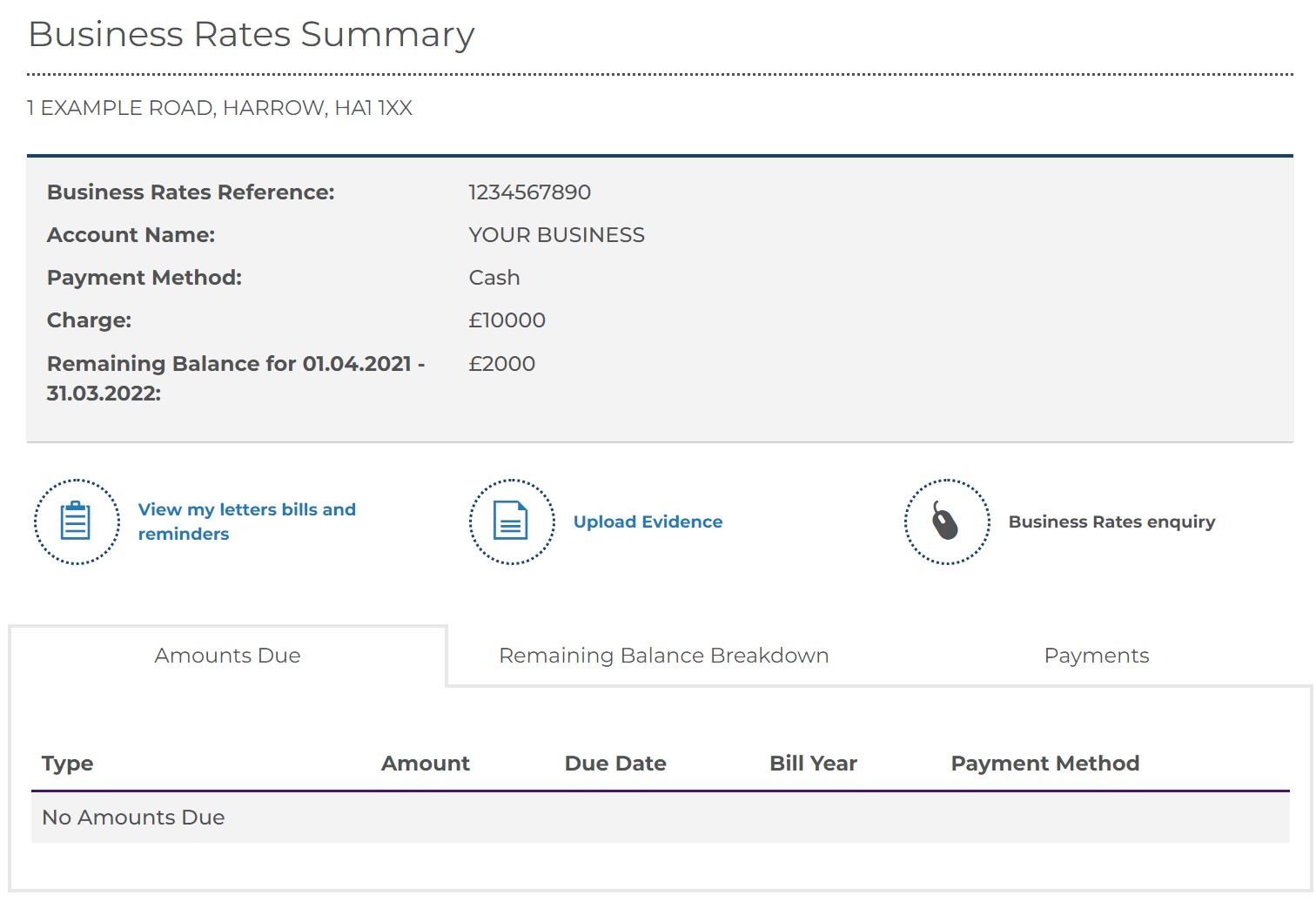 Screenshot of the Business Rates Summary Screen