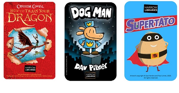 New library cards with images from How to train your dragon, Dog Man and Supertato