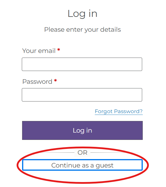 Screenshot showing the option to Continue as a guest below the Log in button
