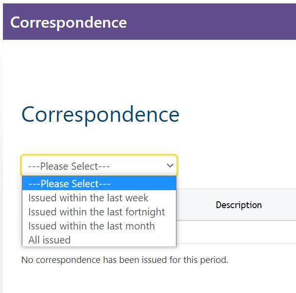 Screenshot of the dropdown menu on the correspondence page