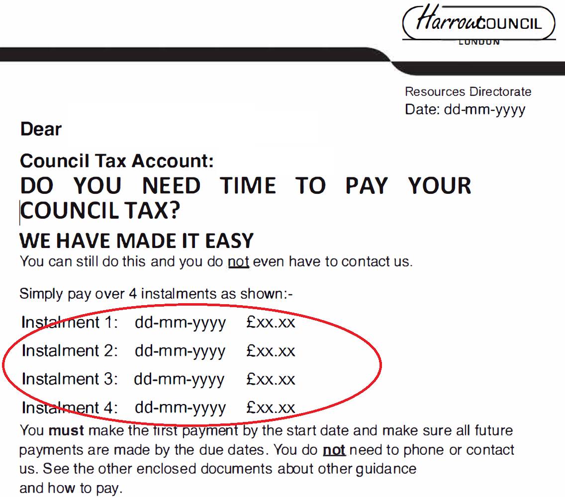 Example of the instalment plan sent with a summons notice