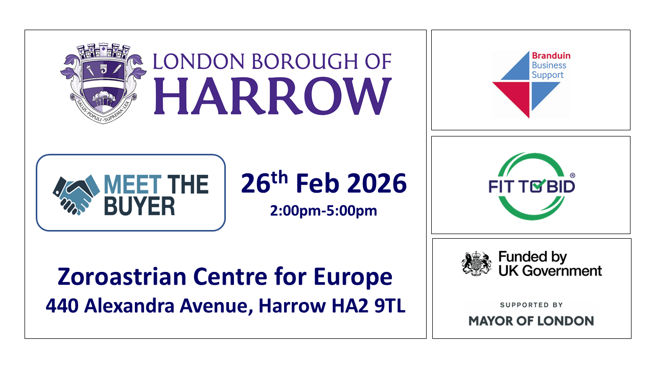 Advert for the Meet the Buyer event on 26th February 2026, 2pm-5pm at the Zoroastrian Centre for Europe, 440 Alexandra Avenue, Harrow, HA2 9TL