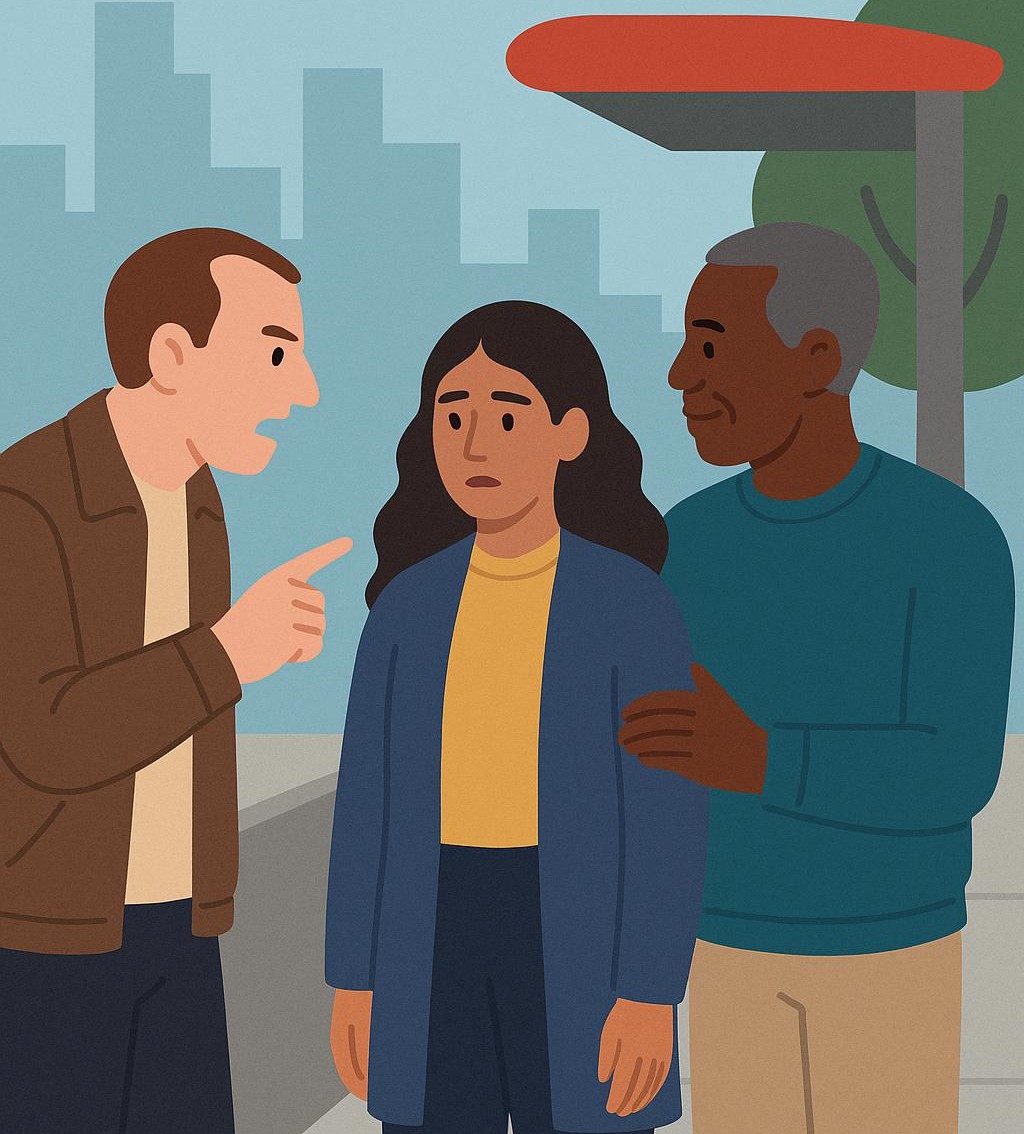 A man intervenes when another man is shouting at a woman