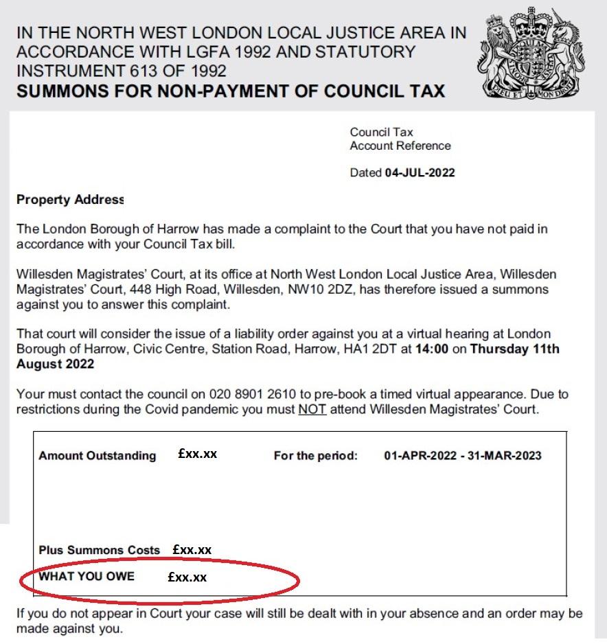 Example of a summons letter showing the amount you owe