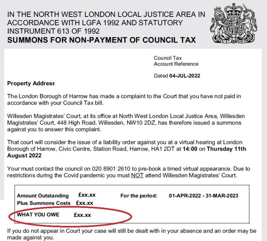 Sample of a council tax summons showing the amount owed